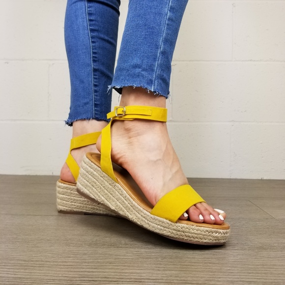 Yellow Open Toe Espadrille Wedge Sandals - Picture 4 of 8